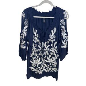 INC Navy Embroidered Boho Peasant Flowy Tunic Cold Shoulder Size XL